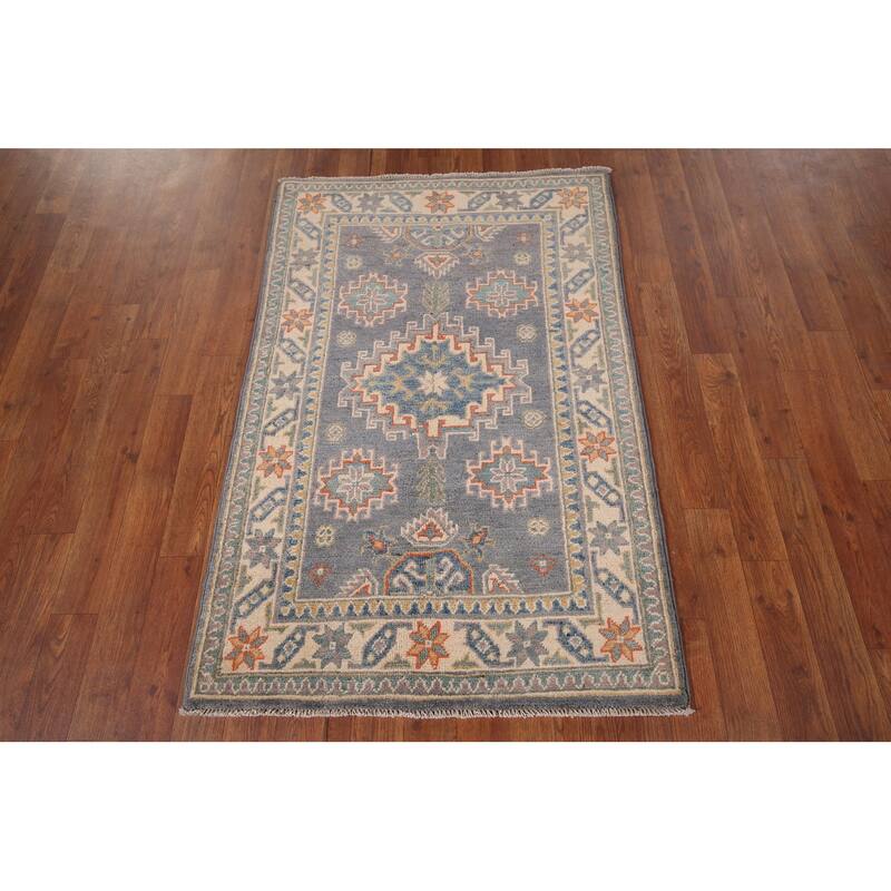 Gray Geometric Kazak Accent Rug Hand-Knotted Foyer Wool Carpet - 2'8" x 4'1"