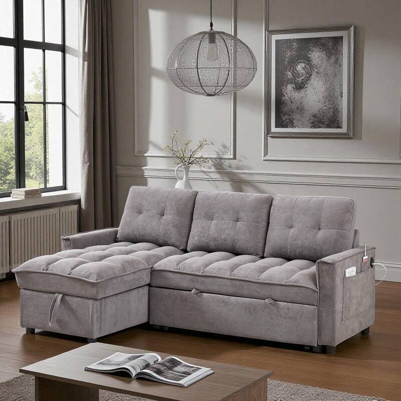 78.75" Chenille Reclining Sectional Sofa with Pull-Out Bed USB Type-C Ports Storage Chaise Modular Convertible Couch