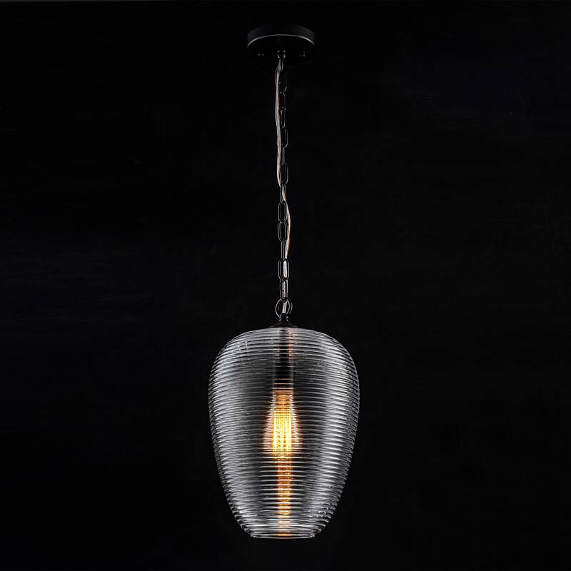 1-Light Modern Brushed Gold/Black Ribbed Clear Glass Dome Pendant Light with Adjustable Hanging Chain