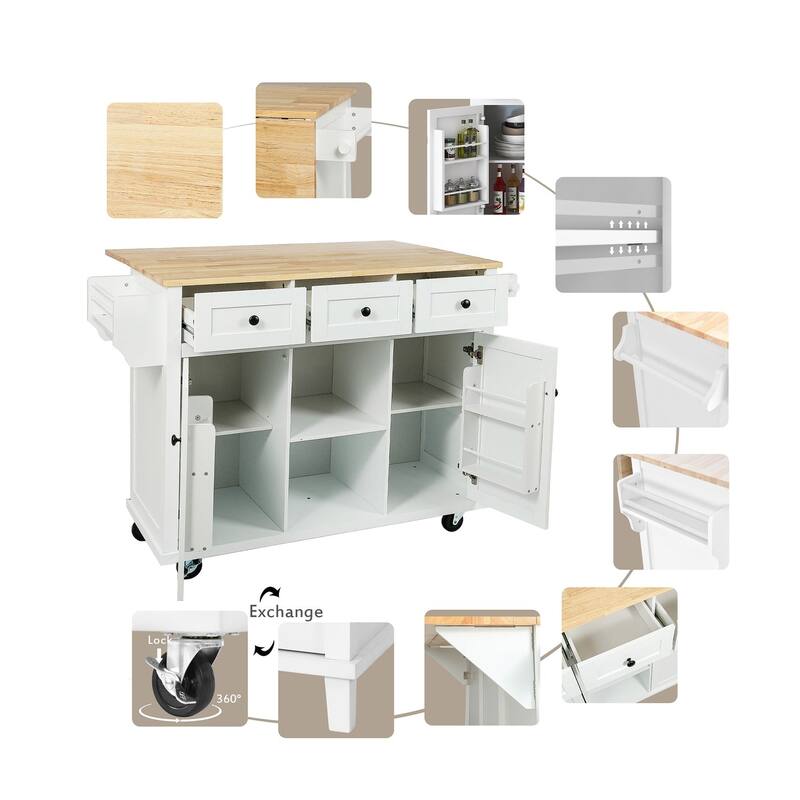 MDF Kitchen Cart Multifunctional with Storage Cabinet and 3 Drawers