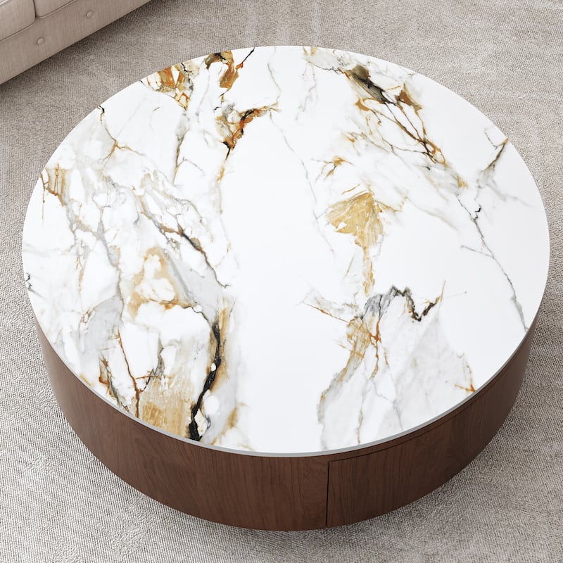 French Country Farmhouse Coffee Table Round Coffee Table with Marble Top and Drawers, for Living Room
