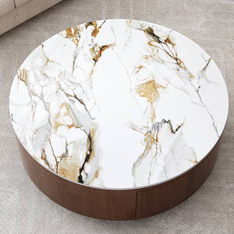 Modern Round Coffee Table with Imitation Marble Tabletop 2 Drawers and 4 Stainless Steel Legs, for Living Room