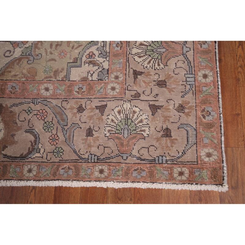 Brown Tabriz Persian Vintage Area Rug Hand-Knotted Wool Carpet - 8'0" x 10'11"