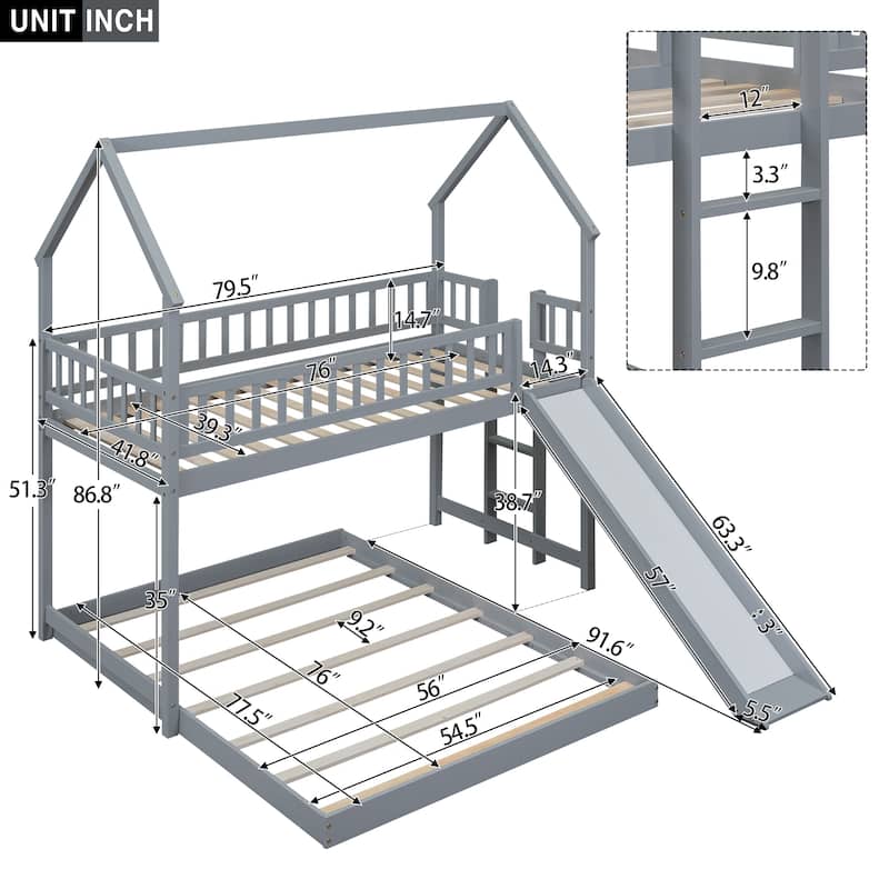 Twin Over Full Bunk Bed with Slide, House Roof Design, Built-in Ladder, Full-Length Guardrails, Pine Wood Construction