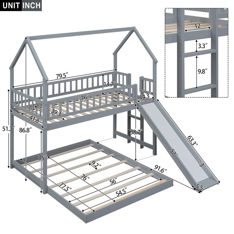 Twin Over Full House Bunk Bed with Slide and Built-in Ladder for Children's Bedrooms, Small Space, Solid Wood Frame