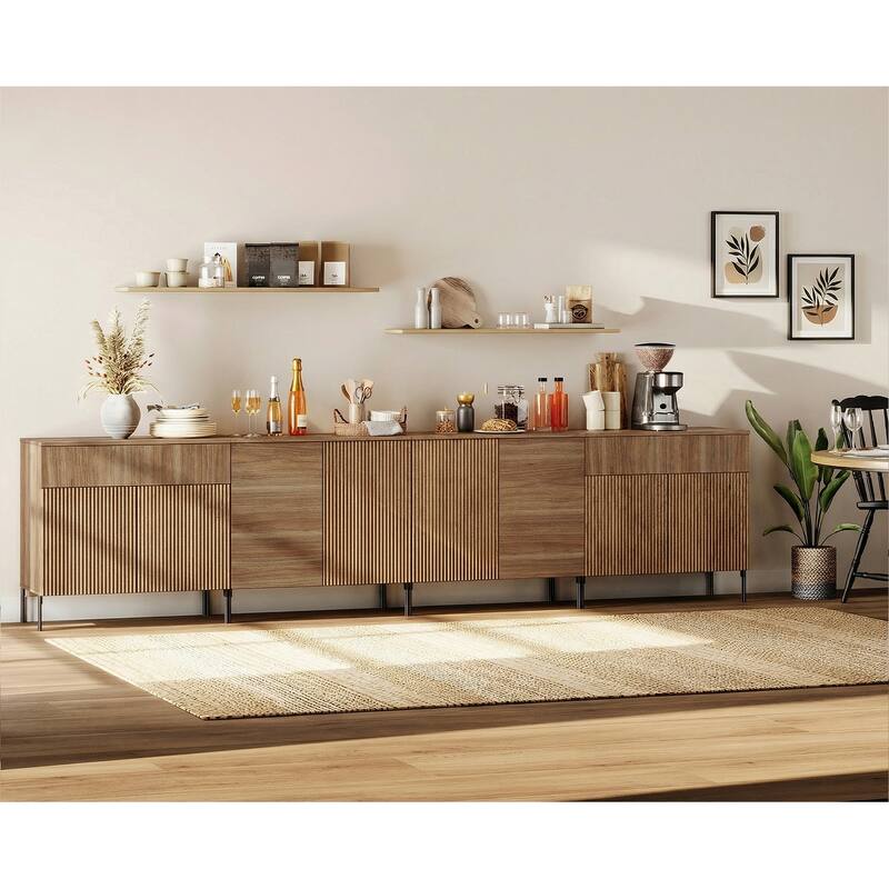 126" Modern Reeded 8-Door Sideboard With Drawers, 4-In-1 Wooden Credenza
