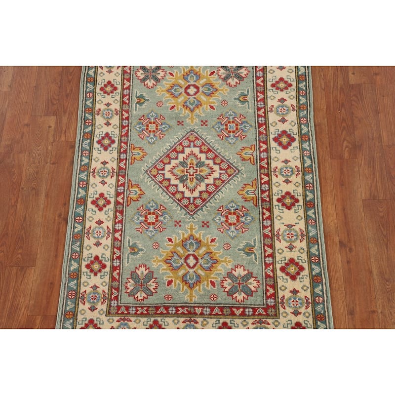 Light Green Kazak Oriental Accent Rug Hand-Knotted Wool Carpet - 2'7" x 4'2"