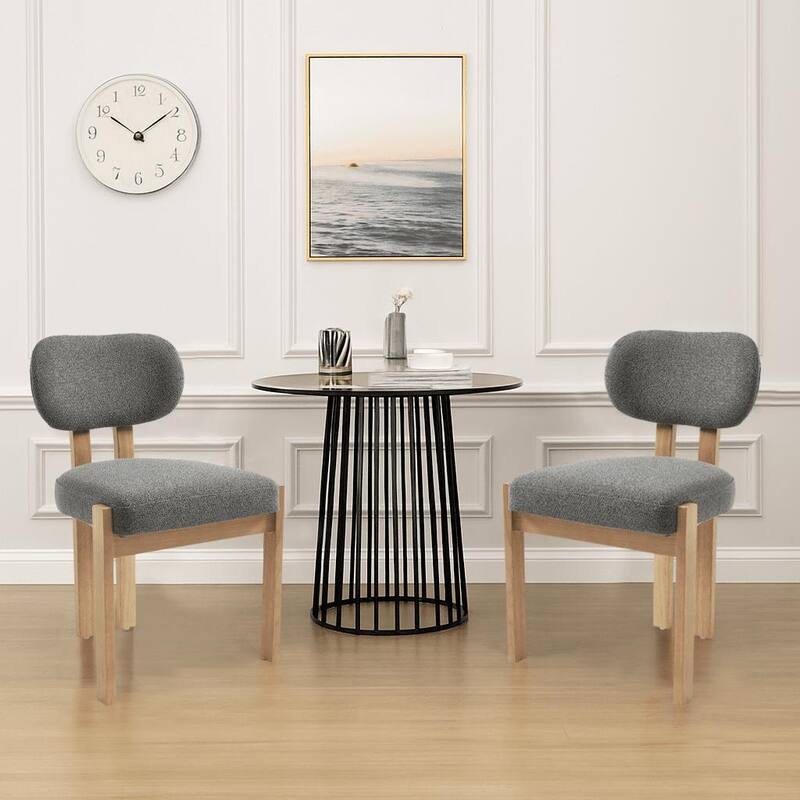 Modern Minimalist Set of Two Chenille Fabric Upholstered Dining Chairs with Solid Rubberwood Frame Legs - Grey