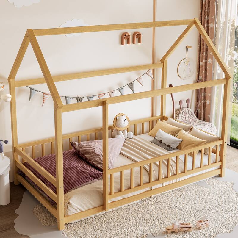 Twin Size Floor Wooden Bed with House Roof Frame, Fence Guardrails