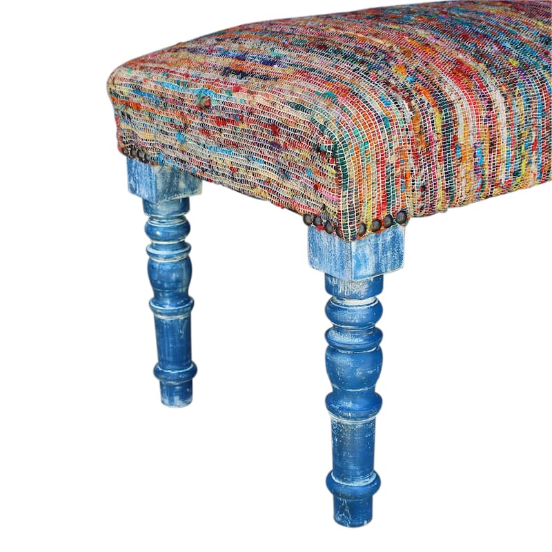 HomeRoots 47" Rainbow Stripe Blue Leg Upholstered Bench - 47 x 18 x 16
