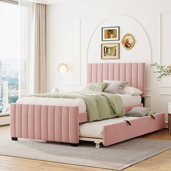 slide 2 of 11, Twin Velvet Upholstered Platform Bed with Built-in Twin Trundle , Elegant Fabric, Sturdy Frame Pink