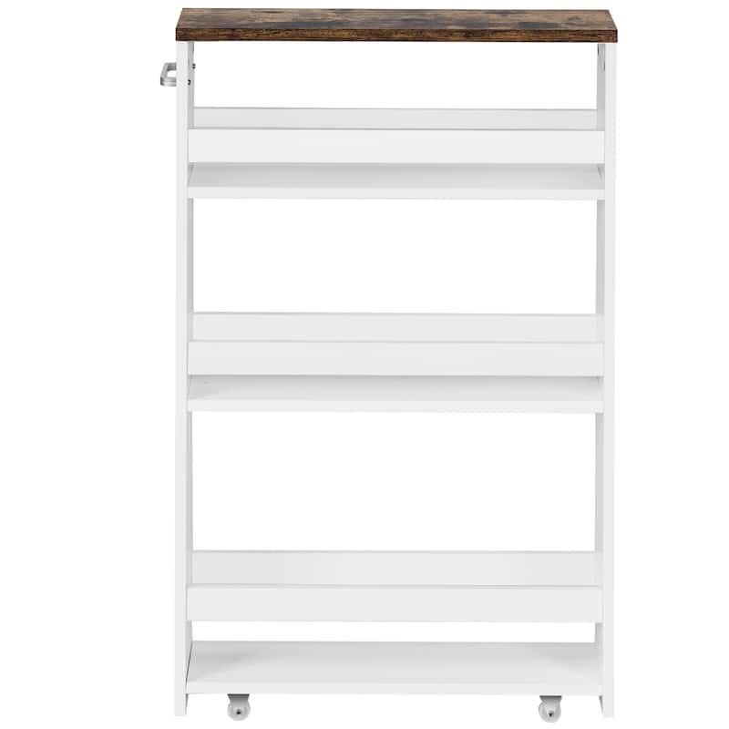 4 Tier Rolling Storage Trolley w/ Convenient Handle & Large Space - White+Wood Grain