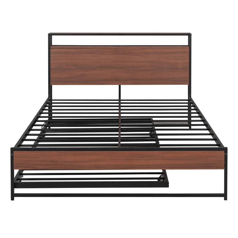 Full Size Metal Platform Bed Frame with Trundle, USB Ports