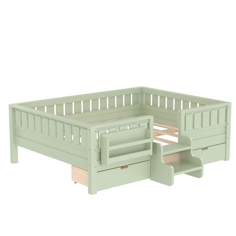 Multiple Colors Toddler Montessori Bed Children's Platform Bed with Low Profile Stairs, Built-in Bookshelf and Storage Drawers