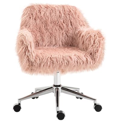 Pink Faux Fleece Swivel Office Desk Chair with Silver Metal Base and Adjustable Height for Home