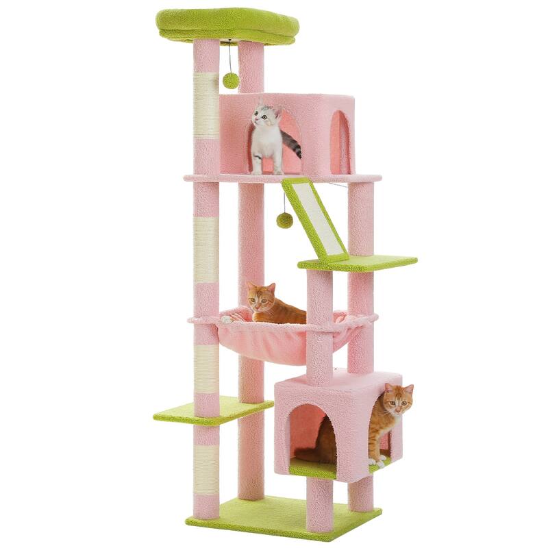 Indoor Large Cat Tree Multi-Level Cat House with 2 Big Condo Pad Bed, Hammock & Scratching Posts - Pink