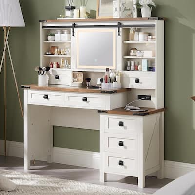 Farmhouse Makeup Vanity Desk with Mirror & Lights, Rustic Vanity Table