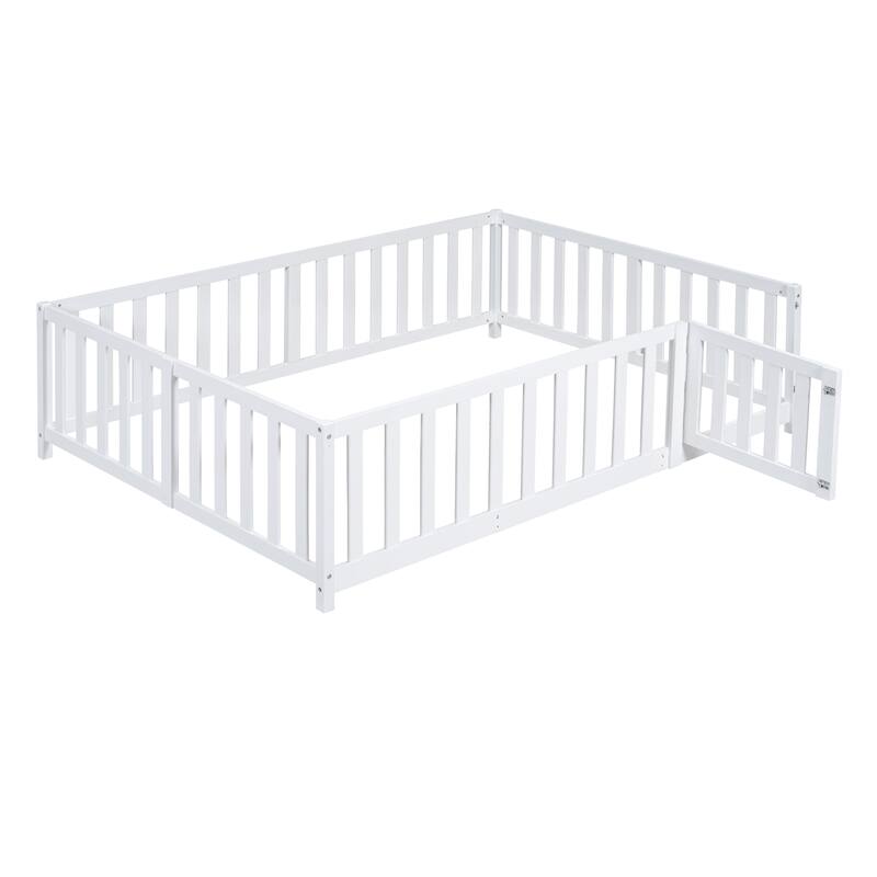 Wood Daybed with Fence Guardrails and 2 Drawers, Split into Independent Floor Bed & Daybed