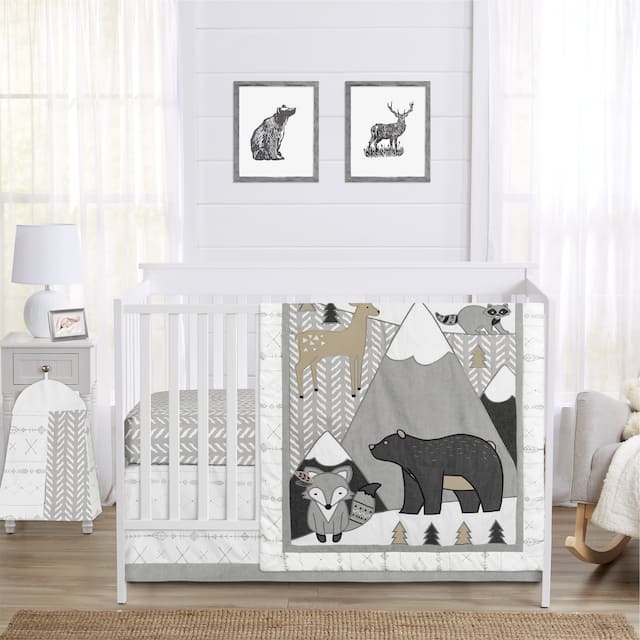 Sweet Jojo Designs Beige Grey White Boho Mountain Animal Woodland Forest Friends Unisex Boy Girl 4-pc Nursery Crib Bedding Set