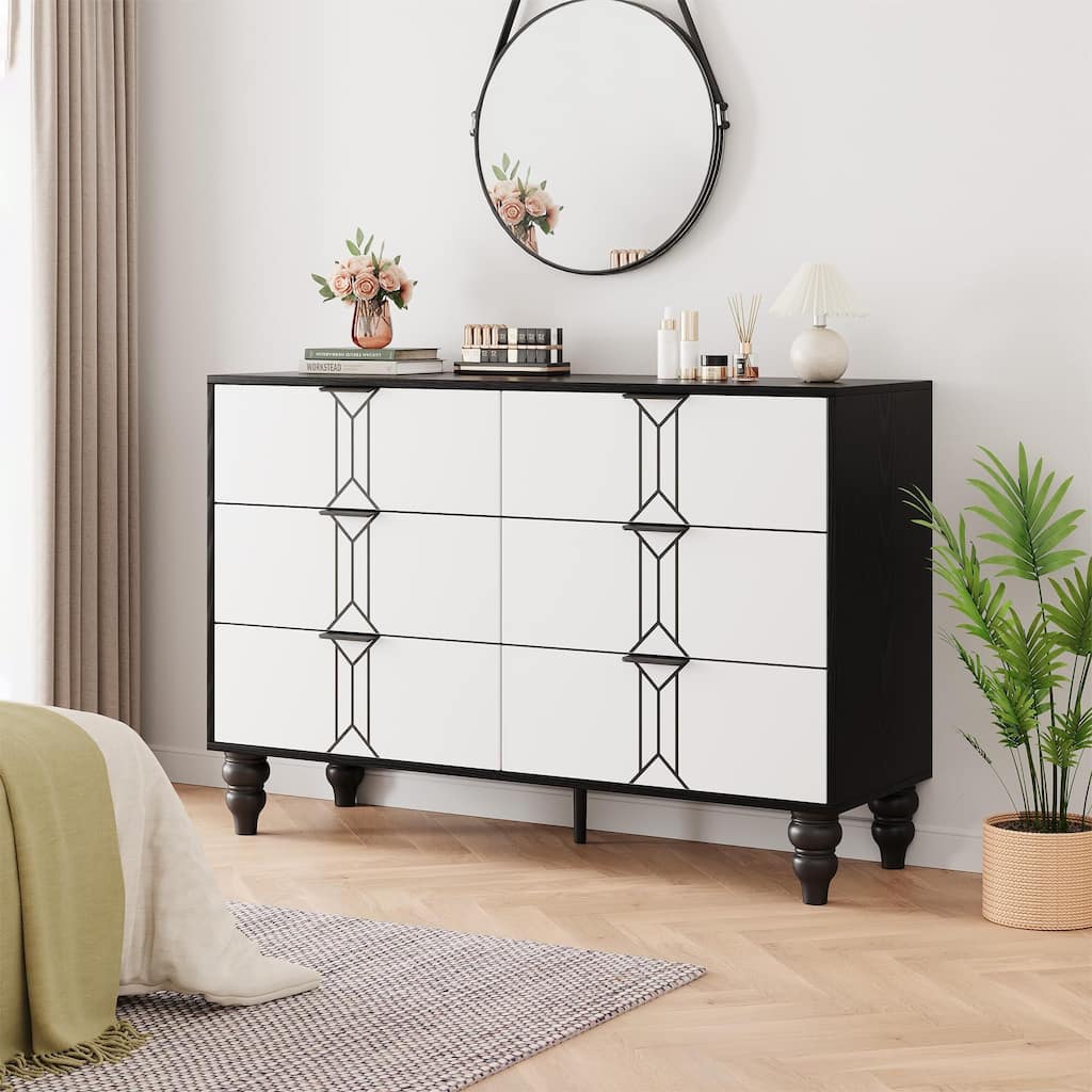 Modern Wooden 5/6 Drawer Dresser with Vintage Pattern Design