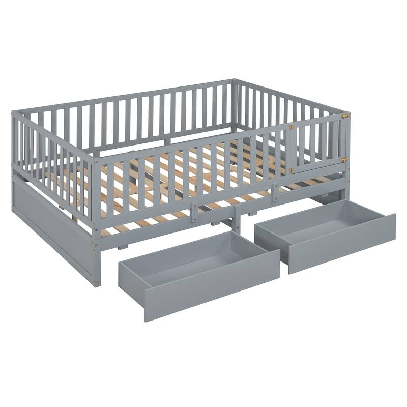 Full Size Wood Daybed with Fence Guardrails and 2 Drawers