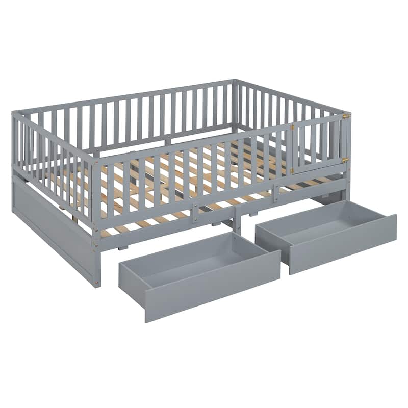 Wood Daybed with Fence Guardrails and 2 Drawers