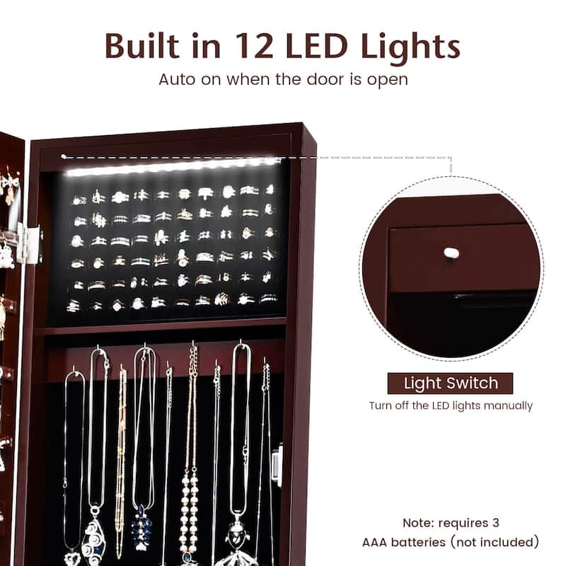 Freestanding Jewelry Cabinet Armoire Organizer with 5 Lined Shelves and Full Size Mirror - 14.5" x 13.5" x 61" (L x W x H)
