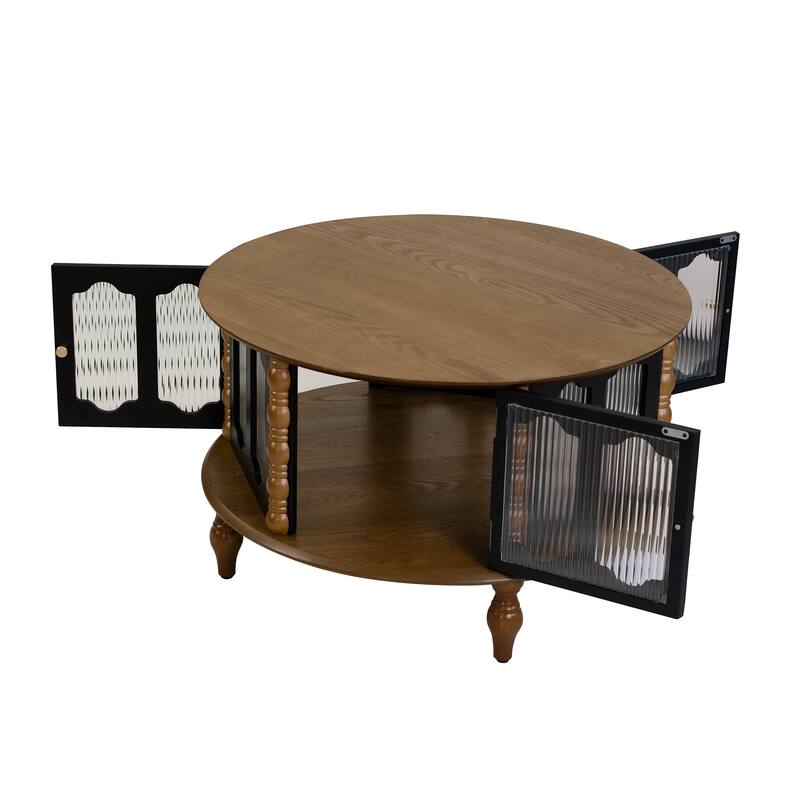 Rustic Round Coffee Table with Storage, 31.5" Wood Accent Table Mid Century Modern Center Tables with Door and Leg