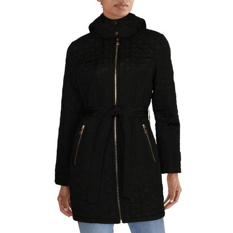 Vince Camuto Houndstooth Quilted Mid-Length Puffer Jacket with Removable Hood