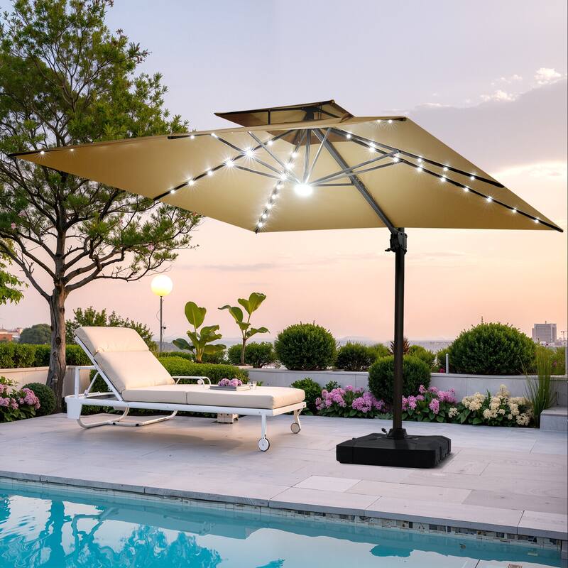 Pellebant 9x11FT Outdoor Dual Top Cantilever Patio Umbrella LED Light with Wheel Base - Tan