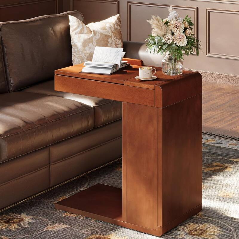 C-Shaped End Table with Adjustable Top, Sofa Chair Side Table with Open Storage Shelves