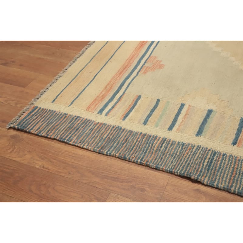 Hand Woven Oriental 100% Wool Carpet Southwestern Geometric Beige & Ivories Kilim Area Rug - 7' 10'' X 4' 9''