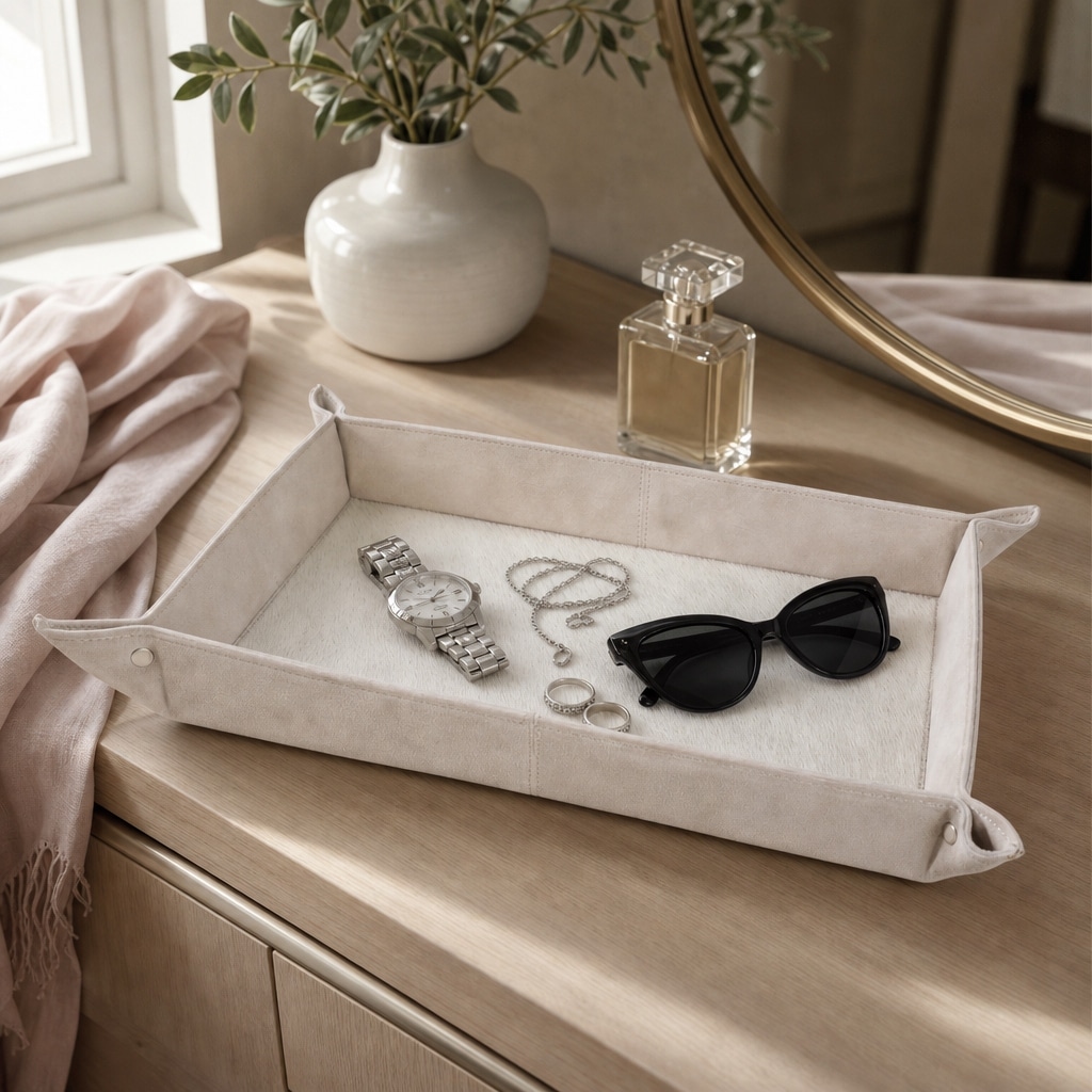 Modern Rectangular Suede Tray - 14", Ivory - 14.0"