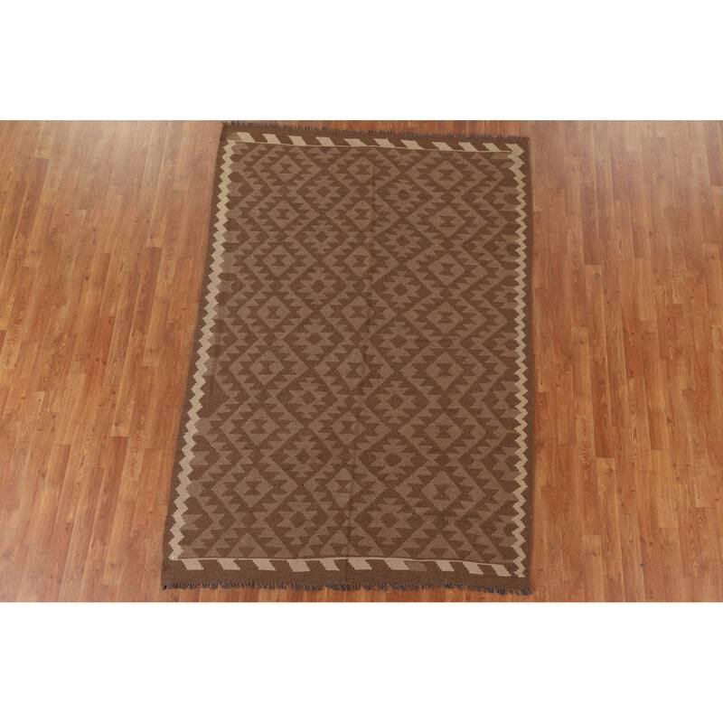 Brown Kilim Oriental Area Rug Flat-weave Reversible Wool Carpet - 5'3" x 7'8"