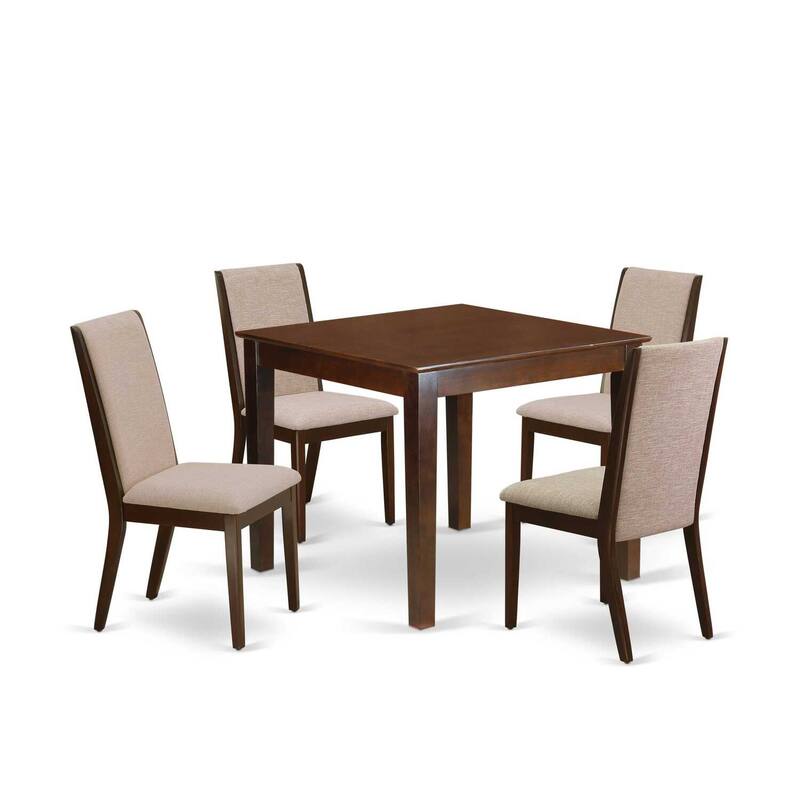 5-Piece Mahogany Finish Solid Wood Top - Upholstered Dining Room Set with High Back - Seats 4