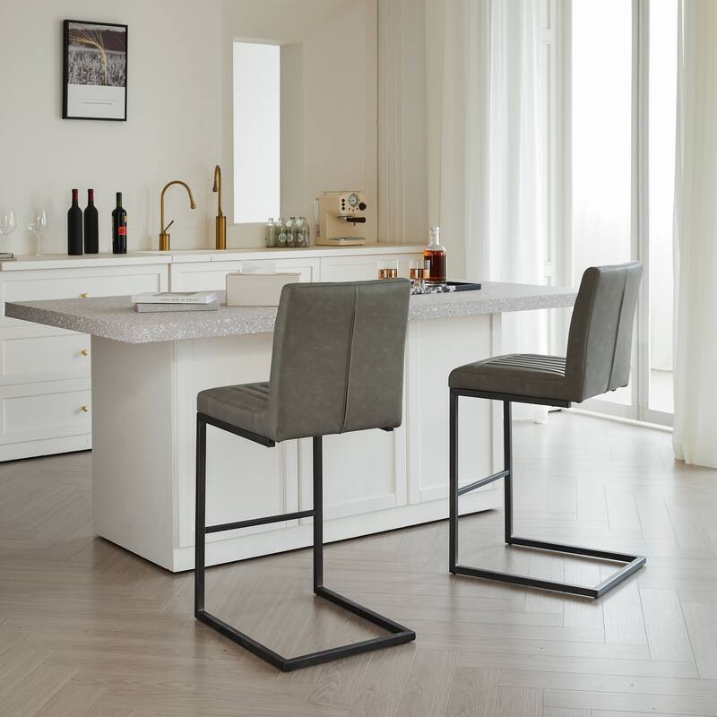 Set of 2 Bar Stool - 26-Inch Counter Height, Vertical Tufted Backrest, Sturdy Black Metal Frame with Footrest