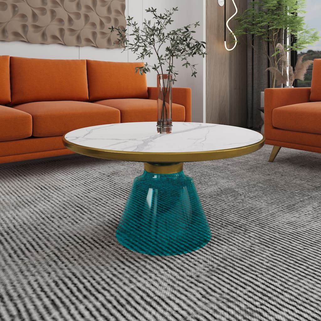 Tully Modern Round Glass/Stone Coffee Table with Brushed Gold Iron Rim Frame Glass Pedestal Base Fully Assembled