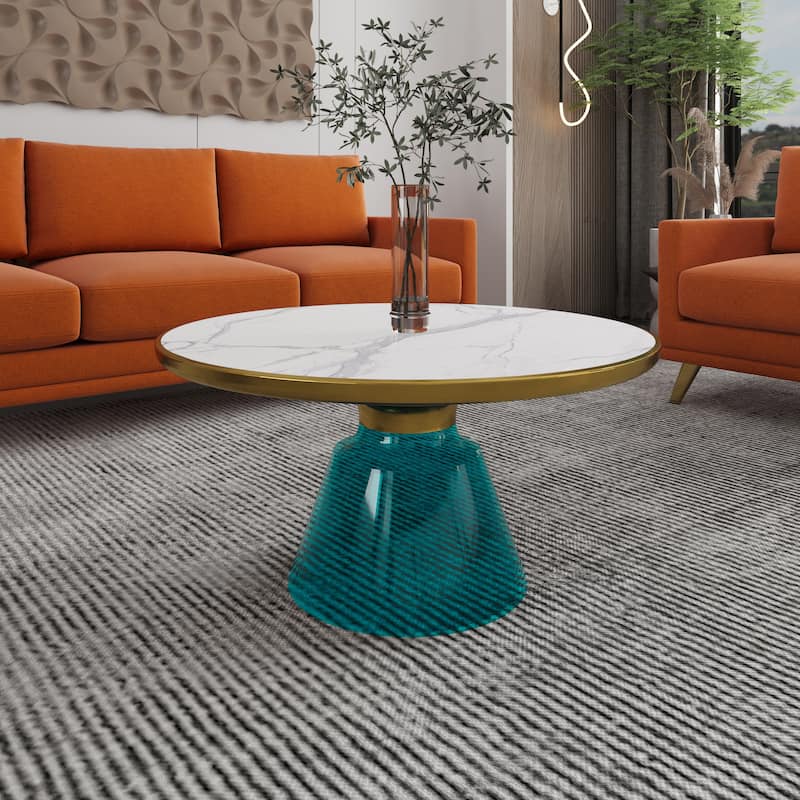 Tully Modern Round Glass/Stone Coffee Table with Brushed Gold Iron Rim Frame Glass Pedestal Base Fully Assembled