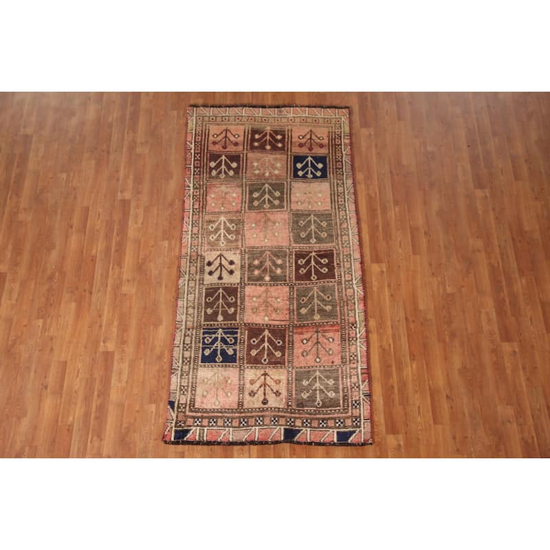Qashqai Persian Antique Rug Hand-Knotted Geometric Pink Wool Carpet - 3'7"x 7'3"