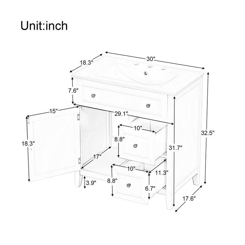 Modern 30" Bathroom Vanity with Sink Top, Storage Cabinet & Two Drawers, Solid Wood Frame
