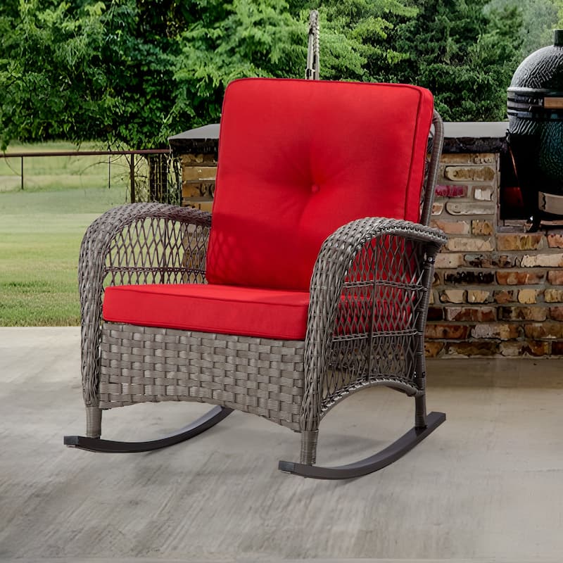 Cozywor Wicker Patio Outdoor Rocking Chair with Cushion - Red