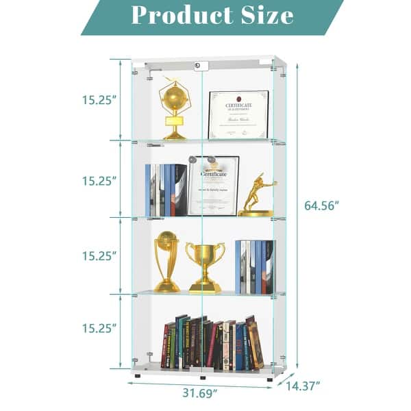 dimension image slide 20 of 24, Glass Display Cabinet with Doors & Locks, Acrylic Shelves, Floor Standing Storage Showcase for Home or Office