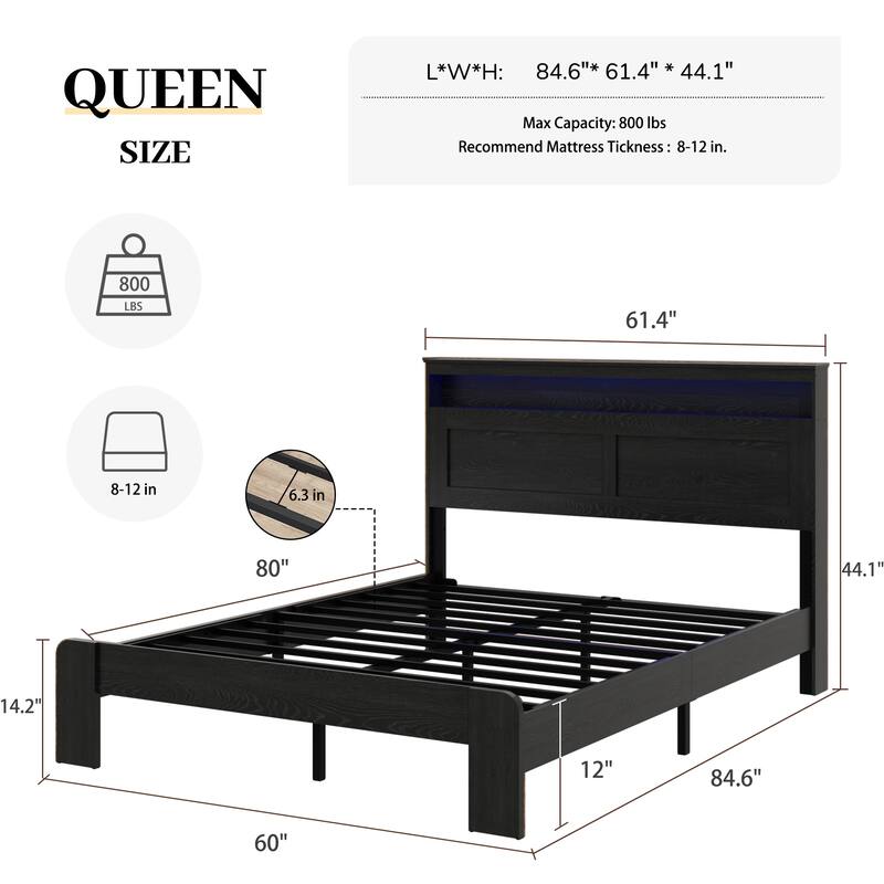 Bed Frame Queen Size, Wood Platform Bed Frame with Storage LED Light Headboard and 2 USB, Noise Free, Large Under Bed Storage