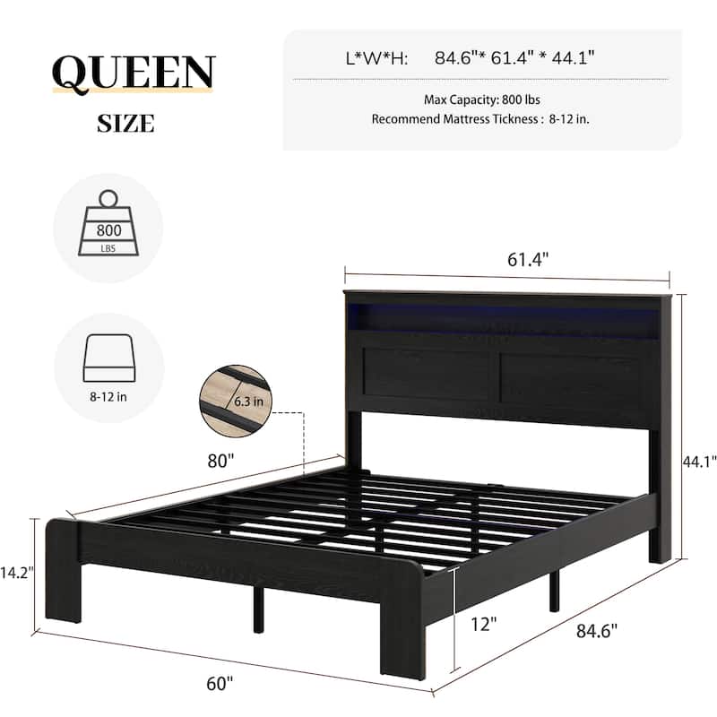 Wood Platform Bed Bed Frame with Headboard Shelf, Charging Station with 2 Outlets & 2 USB Ports, Metal Slats Support, Noise Free