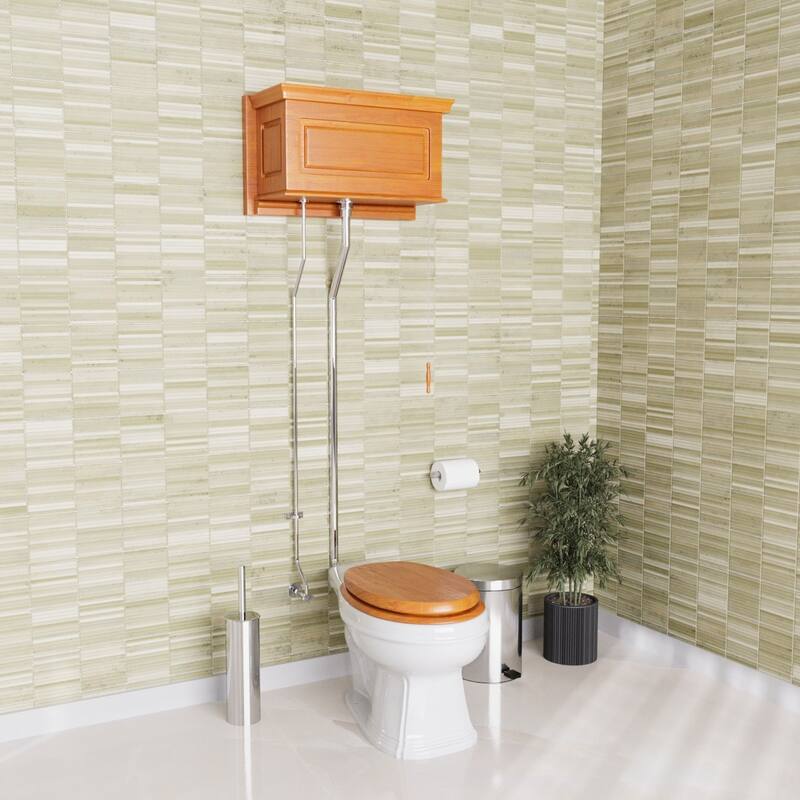 High Tank Toilet Light Oak Finish Raised White Elongated Bowl & Chrome Rear Entry Pipe Renovators Supply