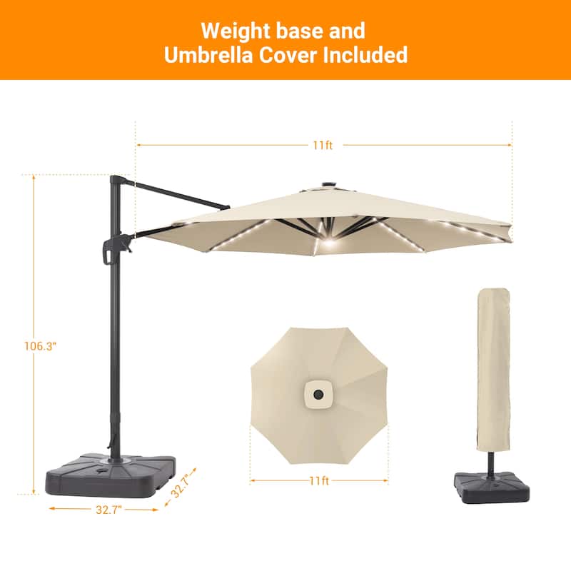 BONOSUKI 11ft LED Aluminum Patio Cantilever Offset Umbrella with Base