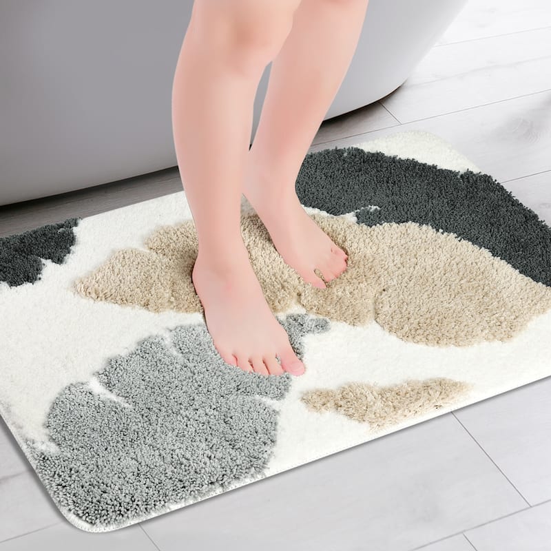 Cute Leaf Pattern Bath Rug, Boho Non Slip Bathroom Decor Washable Mat for Bedroom, Bath Tub, Hallway - Grey