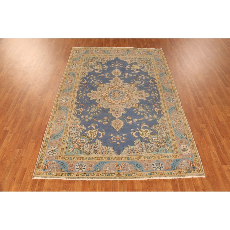 Hand Knotted Oriental 100% Wool Carpet Traditional Floral Navy Blue & Blues Tabriz Area Rug - 9' 10'' X 6' 7''