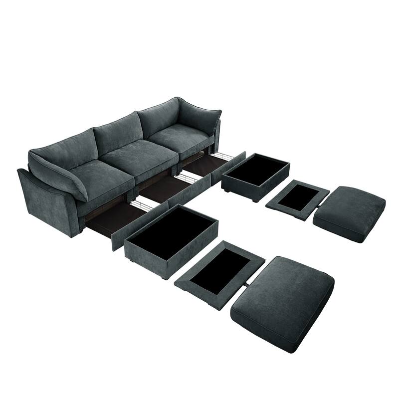 U-Shape 3-Deep Seater Sofa Couch with 2 Movable Storage Ottomans & Pull Out Drawers
