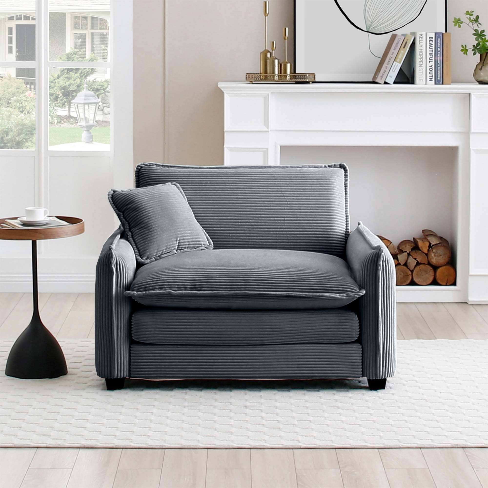Corduroy Fabric Single Sofa Chair, Comfy Upholstered Reading Lounge Chair, Single Sofa with Removable Armrests & Pillow